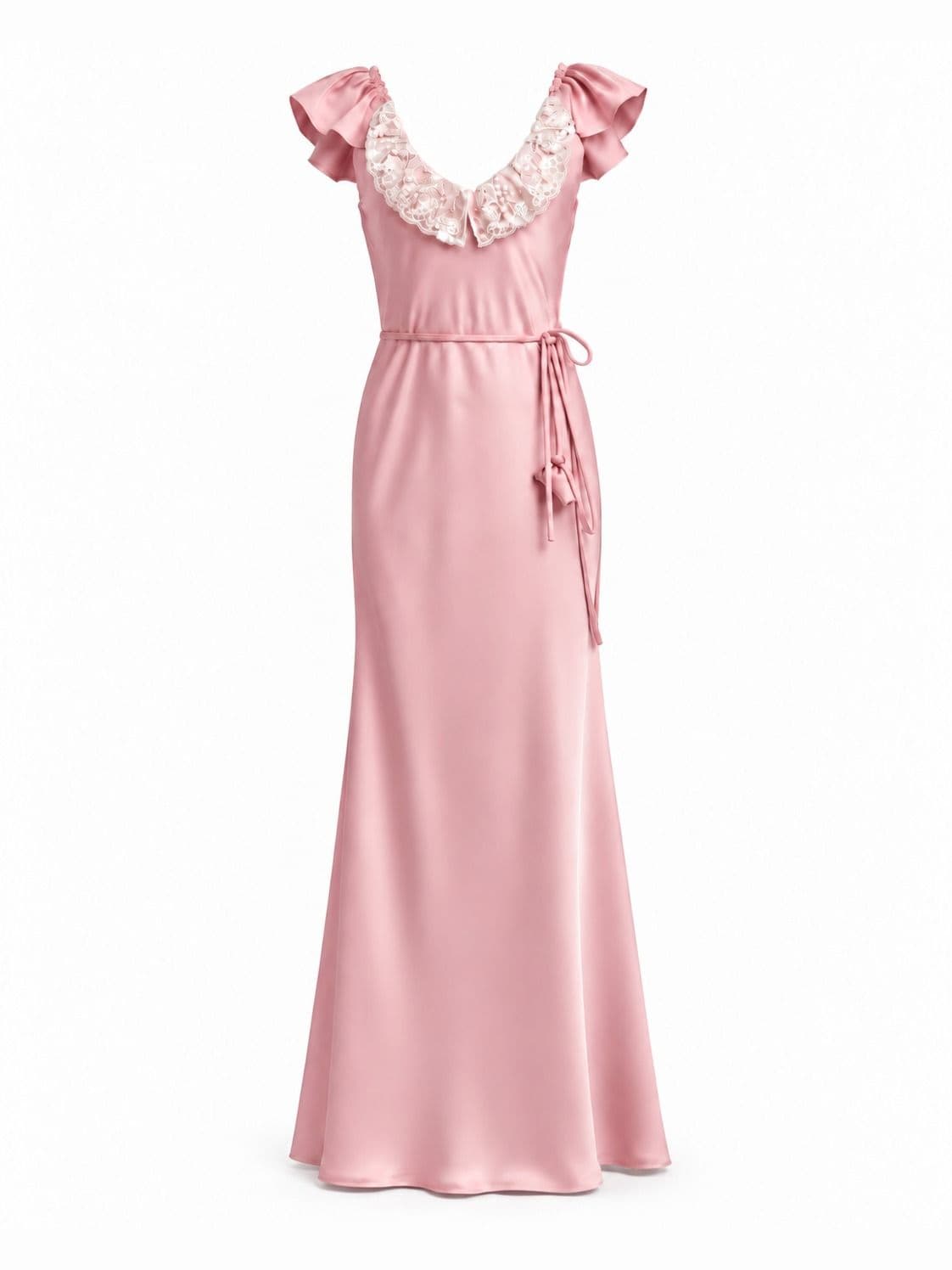 Rochie din satin Rose, văzută din față, cu decolteu conturat de dantelă și cordon în talie