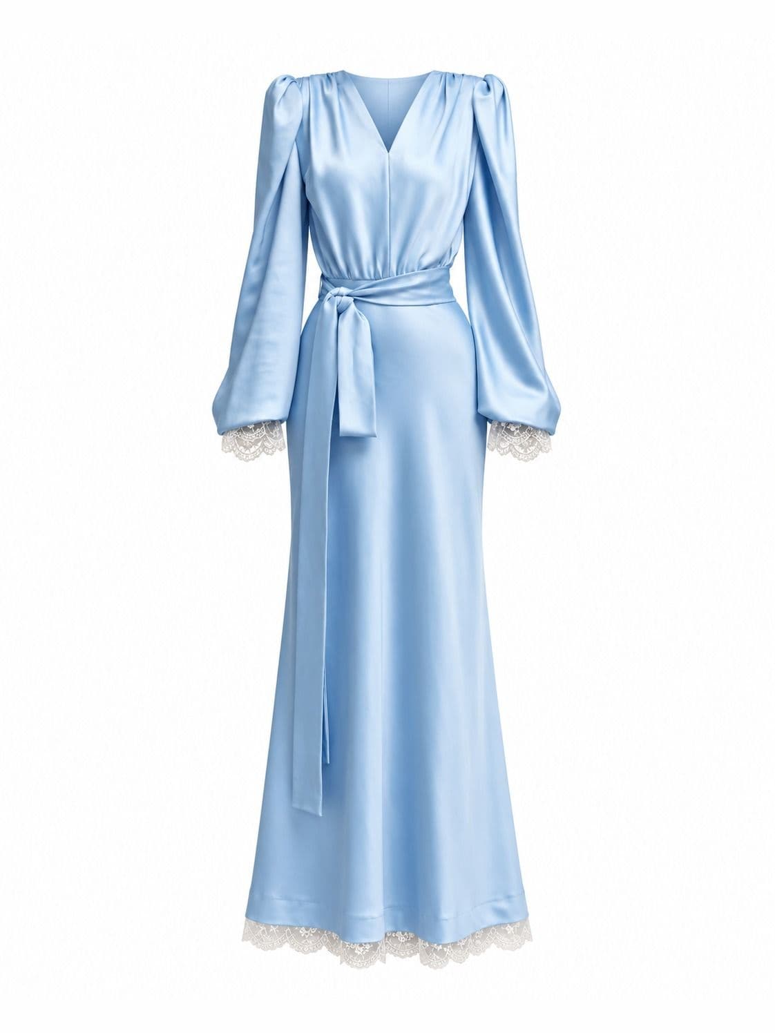 Rochie din satin Blue, văzută din față, cu cordon în talie și dantelă la manșete și la tiv